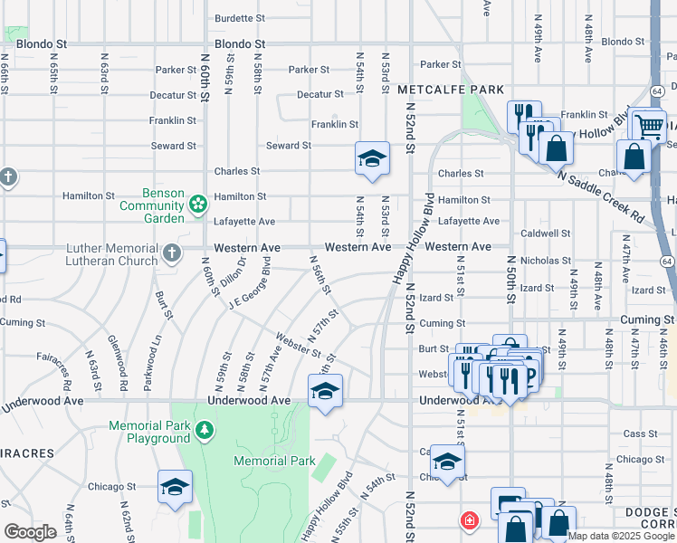 map of restaurants, bars, coffee shops, grocery stores, and more near 5412 Nicholas Street in Omaha