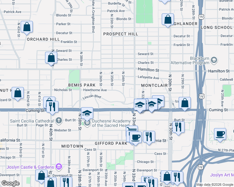 map of restaurants, bars, coffee shops, grocery stores, and more near 3419 Hawthorne Avenue in Omaha