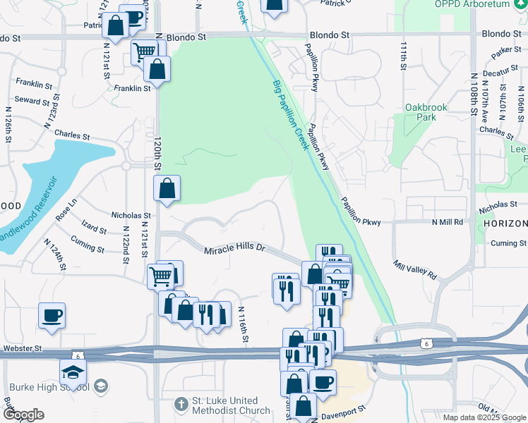 map of restaurants, bars, coffee shops, grocery stores, and more near 1044 North 115th Street in Omaha