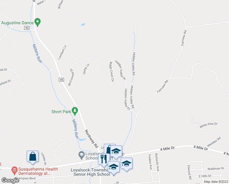 map of restaurants, bars, coffee shops, grocery stores, and more near 1901 Ridge Crest Circle in Williamsport