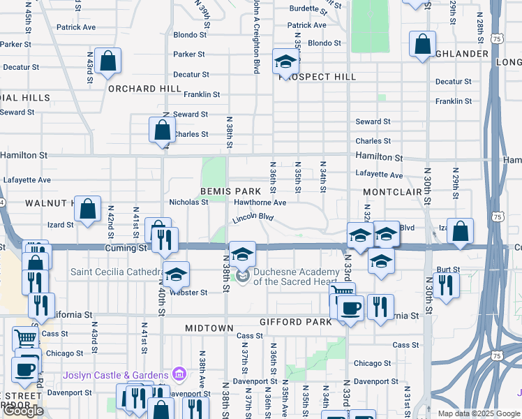 map of restaurants, bars, coffee shops, grocery stores, and more near 3616 Lincoln Boulevard in Omaha
