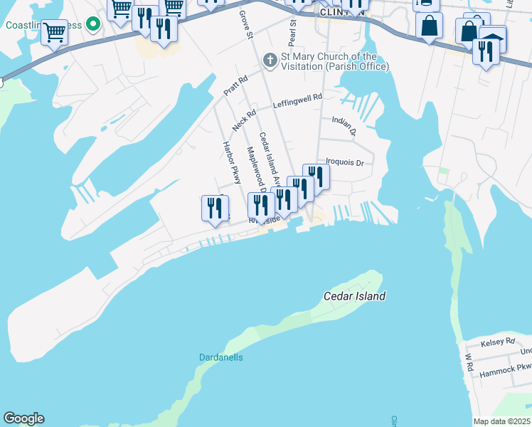 map of restaurants, bars, coffee shops, grocery stores, and more near 11 Riverside Drive in Clinton