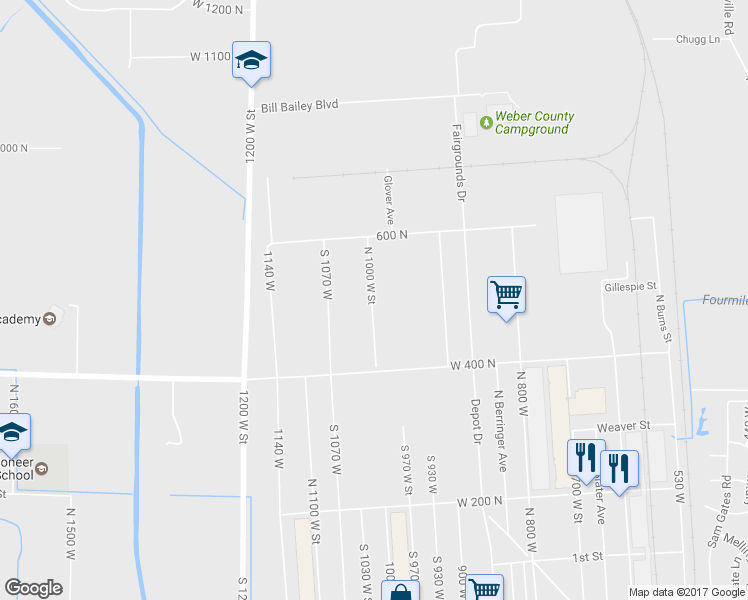 map of restaurants, bars, coffee shops, grocery stores, and more near 1689 1055 East in Ogden
