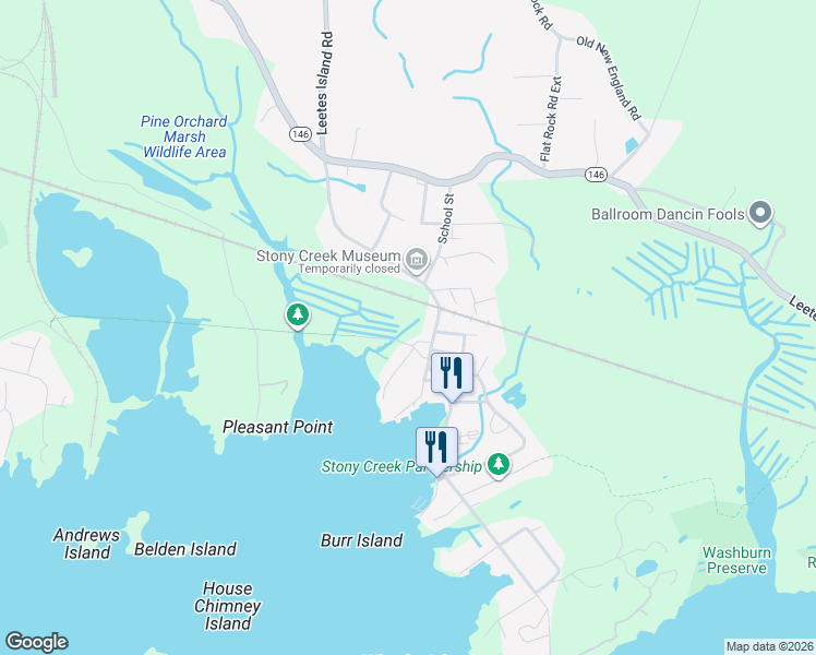 map of restaurants, bars, coffee shops, grocery stores, and more near 117 Thimble Island Road in Branford