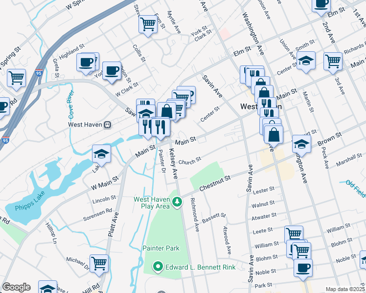 map of restaurants, bars, coffee shops, grocery stores, and more near 512 Main Street in West Haven