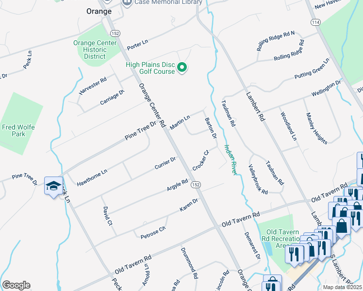 map of restaurants, bars, coffee shops, grocery stores, and more near 465 Orange Center Road in Orange