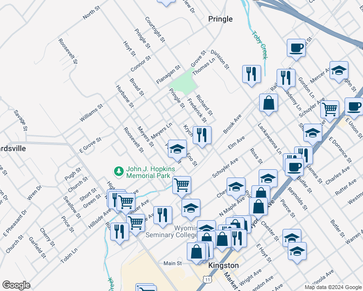 map of restaurants, bars, coffee shops, grocery stores, and more near 33 Penn Street in Kingston