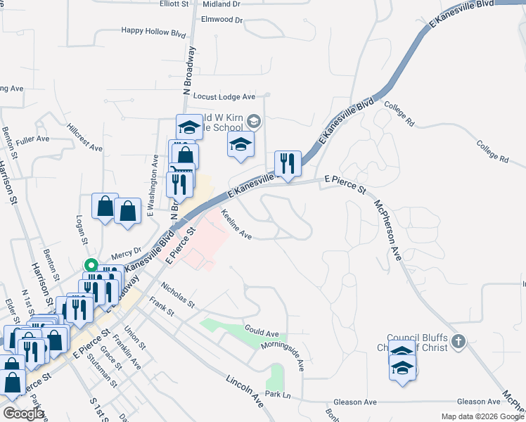 map of restaurants, bars, coffee shops, grocery stores, and more near 40 Kenmore Avenue in Council Bluffs