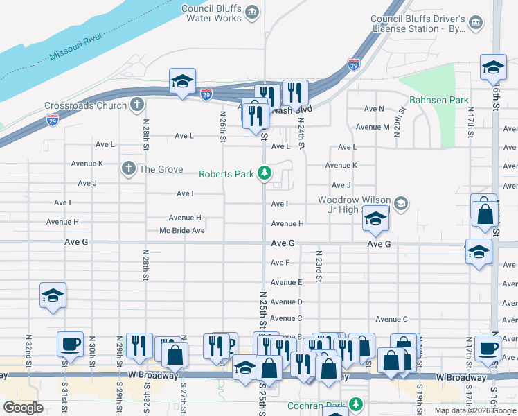 map of restaurants, bars, coffee shops, grocery stores, and more near 823 North 25th Street in Council Bluffs