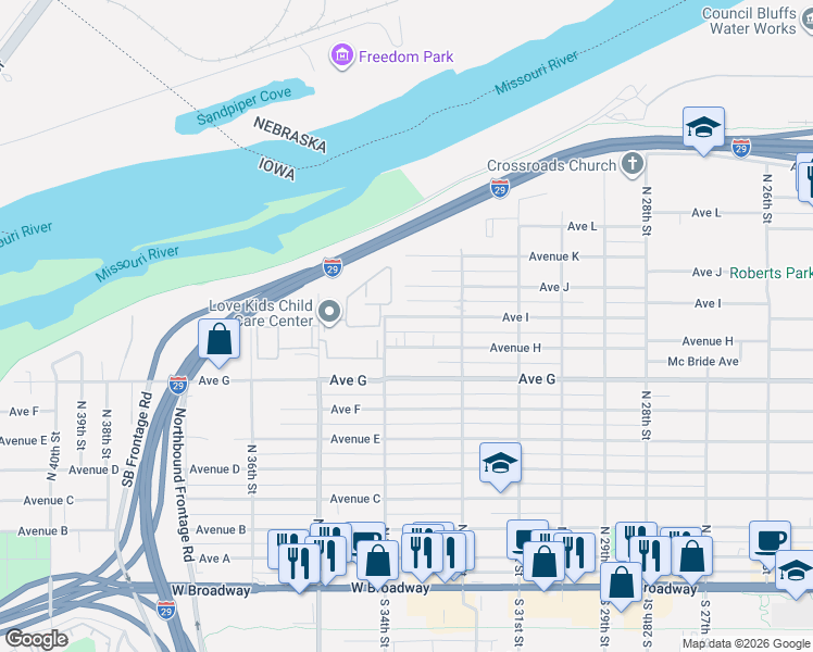 map of restaurants, bars, coffee shops, grocery stores, and more near 3226 Avenue H in Council Bluffs