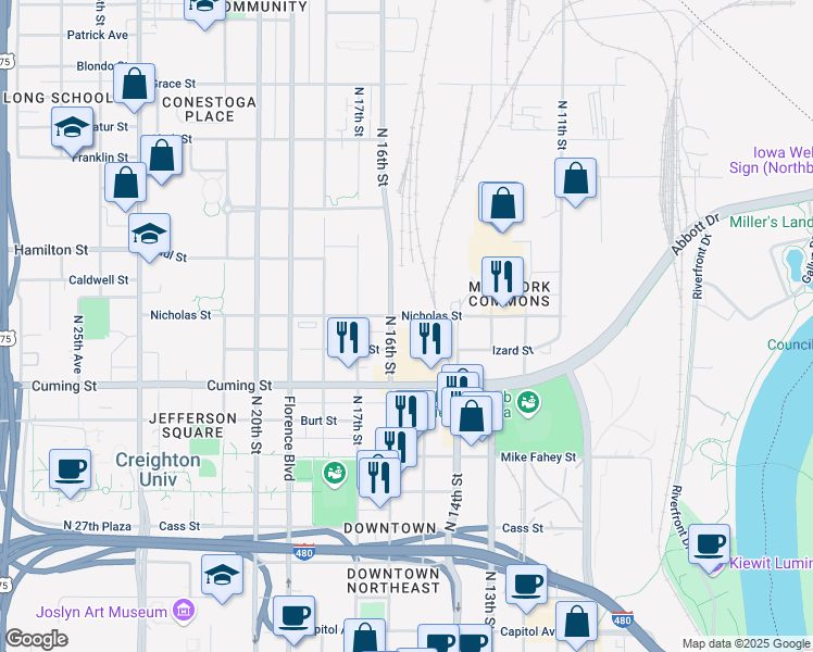 map of restaurants, bars, coffee shops, grocery stores, and more near 1015 North 16th Street in Omaha