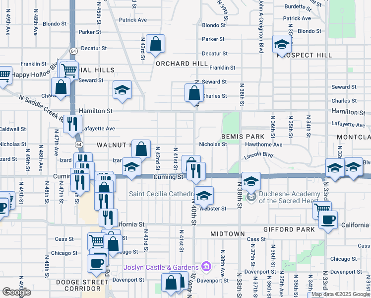 map of restaurants, bars, coffee shops, grocery stores, and more near 1003 North 40th Street in Omaha