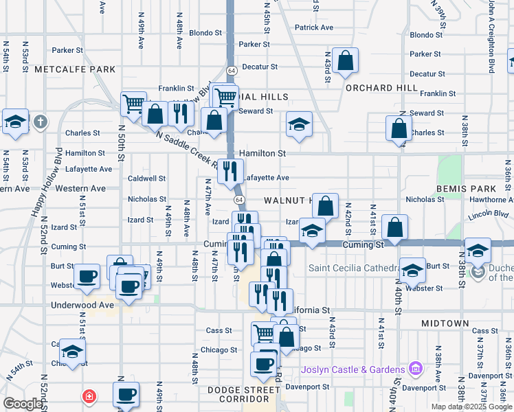 map of restaurants, bars, coffee shops, grocery stores, and more near 1021 North 46th Street in Omaha