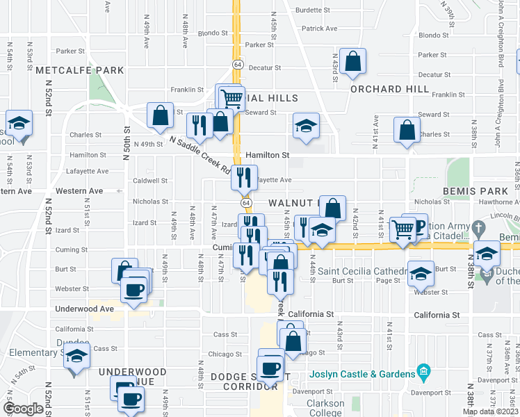 map of restaurants, bars, coffee shops, grocery stores, and more near 1021 North 46th Street in Omaha