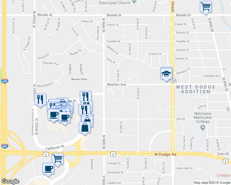 map of restaurants, bars, coffee shops, grocery stores, and more near 9455 Western Plaza in Omaha