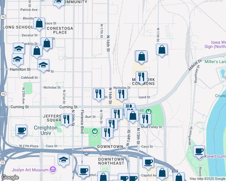 map of restaurants, bars, coffee shops, grocery stores, and more near 1015 North 16th Street in Omaha