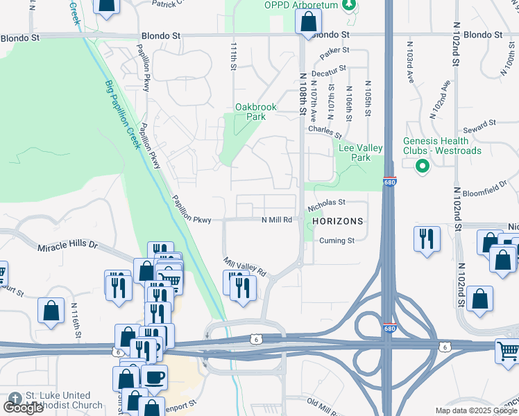 map of restaurants, bars, coffee shops, grocery stores, and more near 10905 North Mill Court in Omaha
