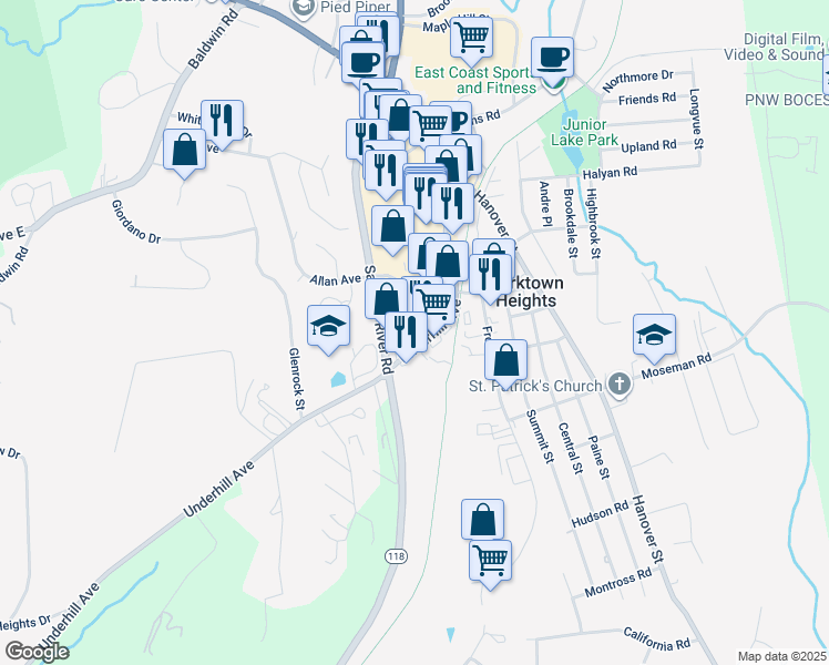 map of restaurants, bars, coffee shops, grocery stores, and more near 334 Underhill Avenue in Yorktown Heights