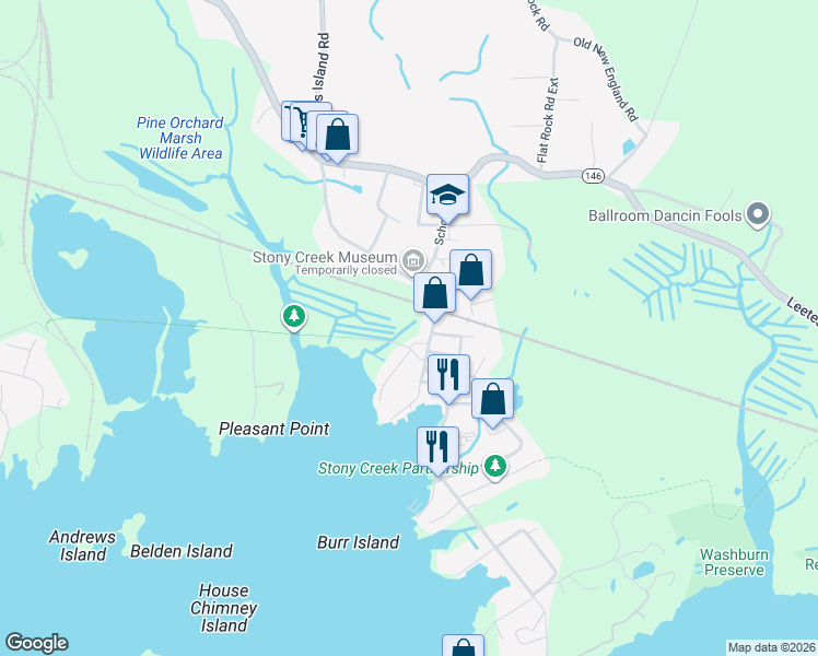 map of restaurants, bars, coffee shops, grocery stores, and more near 117 Thimble Island Road in Branford