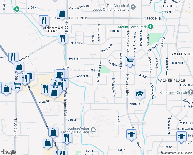 map of restaurants, bars, coffee shops, grocery stores, and more near 647 North Jefferson Avenue in Ogden