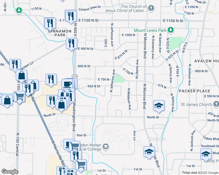 map of restaurants, bars, coffee shops, grocery stores, and more near 647 North Jefferson Avenue in Ogden