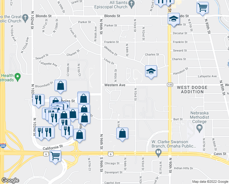 map of restaurants, bars, coffee shops, grocery stores, and more near 9405 Western Plaza in Omaha