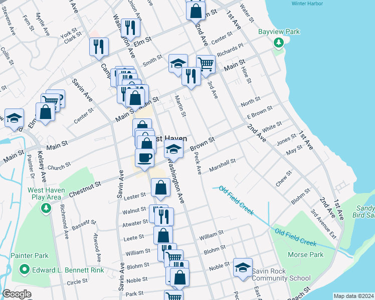 map of restaurants, bars, coffee shops, grocery stores, and more near 130 Brown Street in West Haven