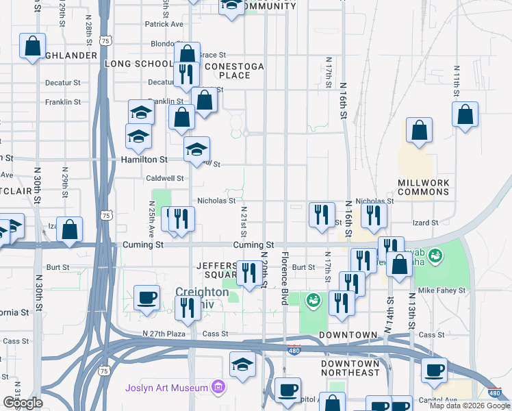 map of restaurants, bars, coffee shops, grocery stores, and more near 1006 North 20th Street in Omaha