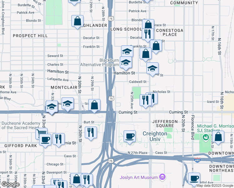 map of restaurants, bars, coffee shops, grocery stores, and more near 2625 Nicholas Court in Omaha