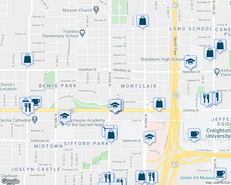 map of restaurants, bars, coffee shops, grocery stores, and more near 1017 North 33rd Street in Omaha