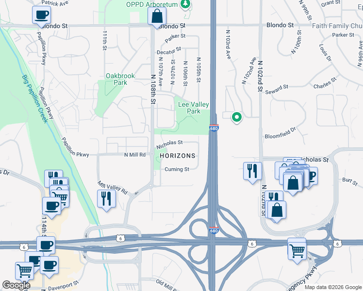 map of restaurants, bars, coffee shops, grocery stores, and more near 10624 Izard Street in Omaha
