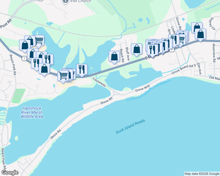 map of restaurants, bars, coffee shops, grocery stores, and more near 7 Causeway in Clinton