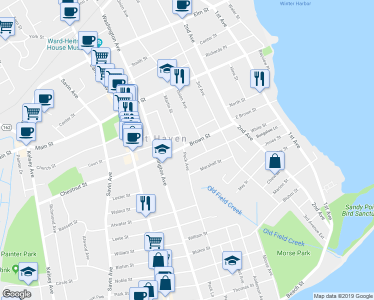 map of restaurants, bars, coffee shops, grocery stores, and more near 379 Peck Avenue in West Haven