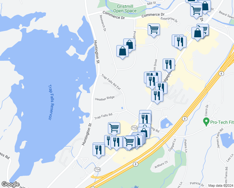 map of restaurants, bars, coffee shops, grocery stores, and more near 77 Heather Ridge in Shelton