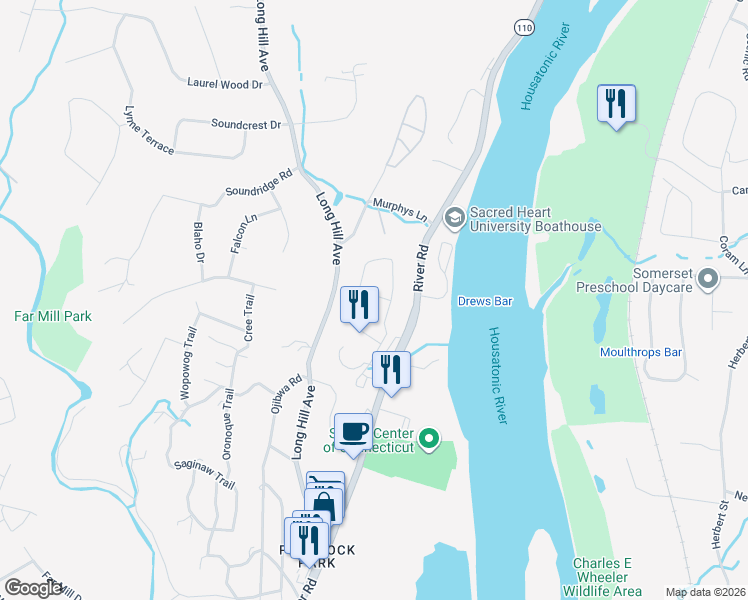 map of restaurants, bars, coffee shops, grocery stores, and more near 205 Kyles Way in Shelton