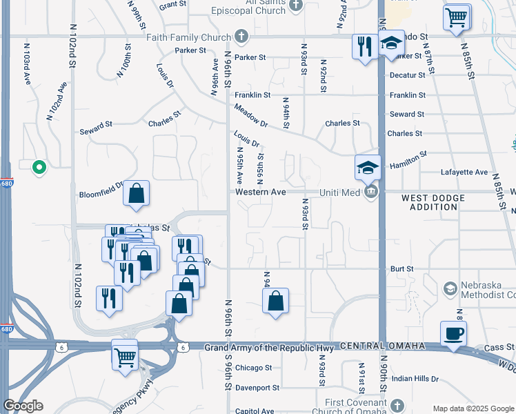 map of restaurants, bars, coffee shops, grocery stores, and more near 9455 Western Plaza in Omaha