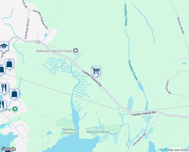 map of restaurants, bars, coffee shops, grocery stores, and more near 697 Leetes Island Road in Branford