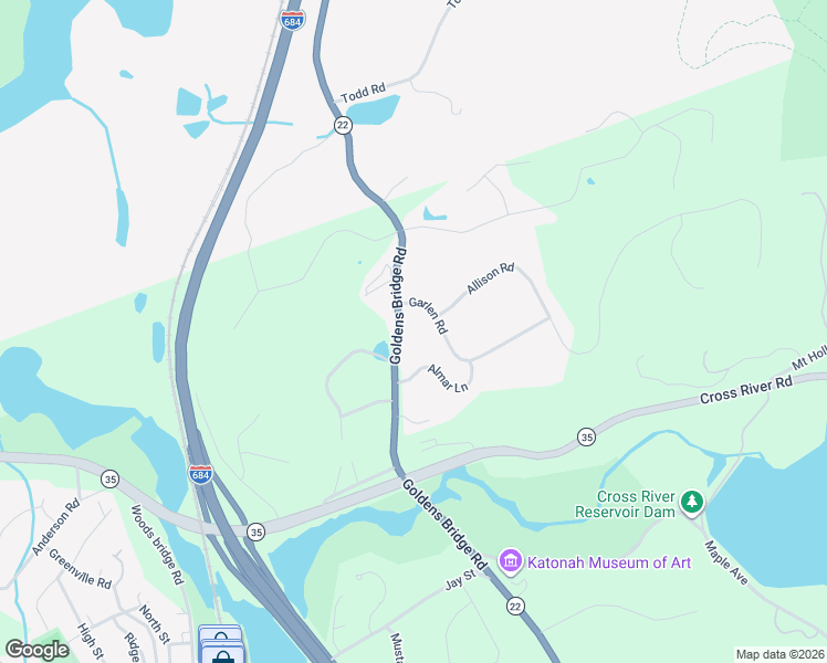 map of restaurants, bars, coffee shops, grocery stores, and more near 105 Goldens Bridge Road in Katonah