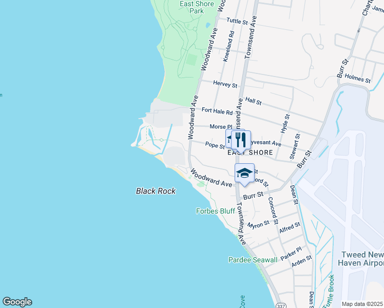 map of restaurants, bars, coffee shops, grocery stores, and more near 35 Pope Street in New Haven
