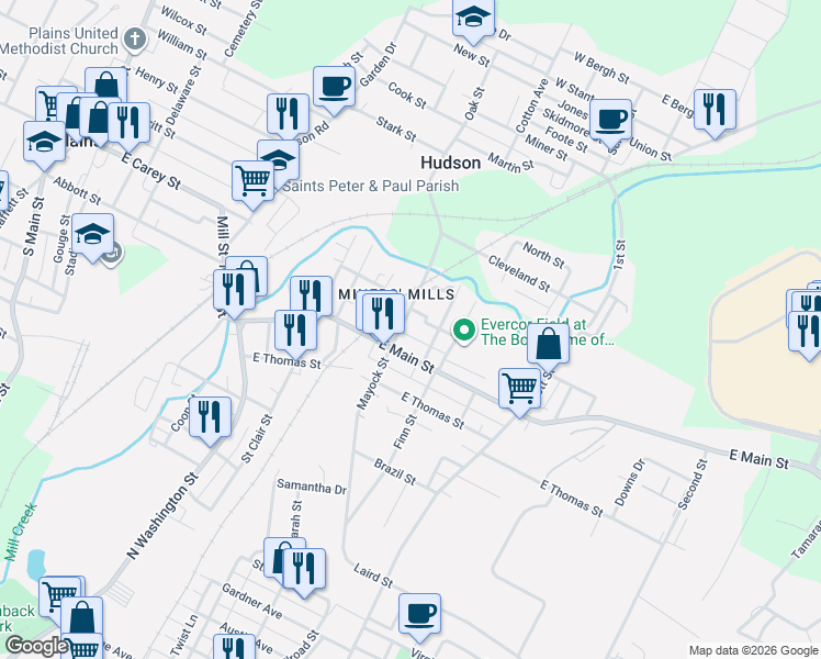 map of restaurants, bars, coffee shops, grocery stores, and more near Mechanic Ln in Wilkes-Barre