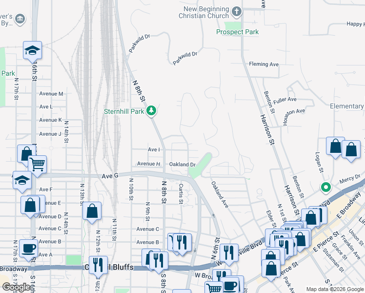 map of restaurants, bars, coffee shops, grocery stores, and more near 615 Roosevelt Avenue in Council Bluffs