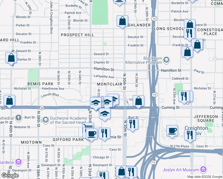 map of restaurants, bars, coffee shops, grocery stores, and more near 3025 Nicholas Street in Omaha