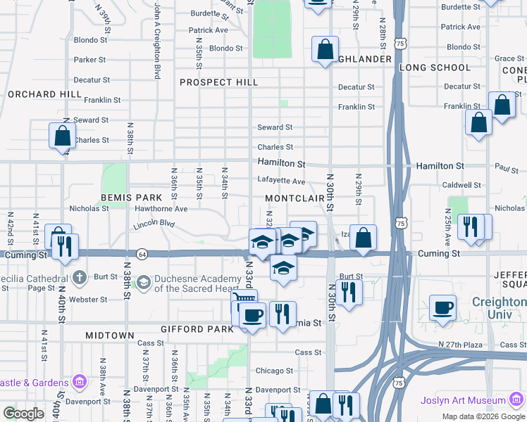 map of restaurants, bars, coffee shops, grocery stores, and more near 1017 North 33rd Street in Omaha