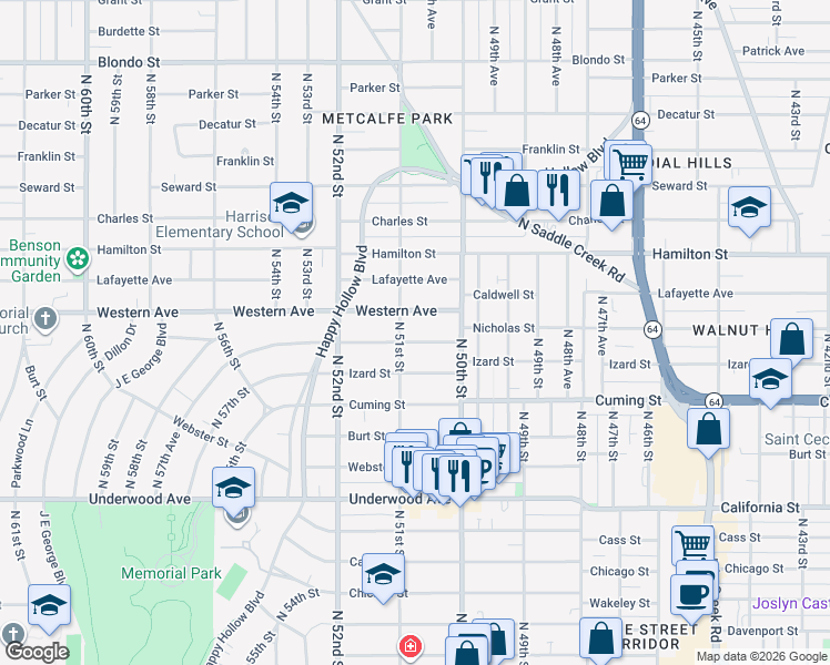 map of restaurants, bars, coffee shops, grocery stores, and more near 5023 Nicholas Street in Omaha