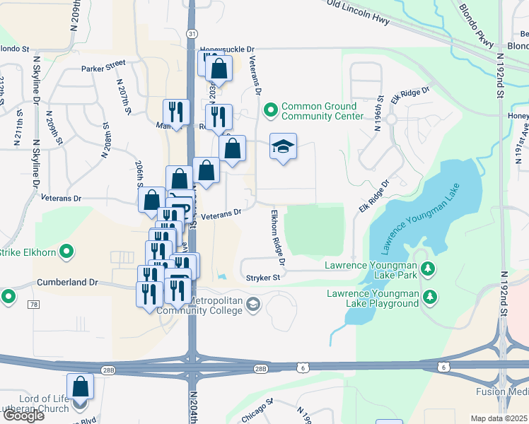 map of restaurants, bars, coffee shops, grocery stores, and more near 20028 Elkhorn Ridge Drive in Omaha