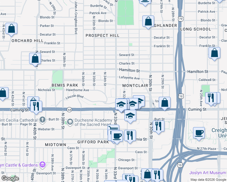 map of restaurants, bars, coffee shops, grocery stores, and more near 1025 North 34th Street in Omaha