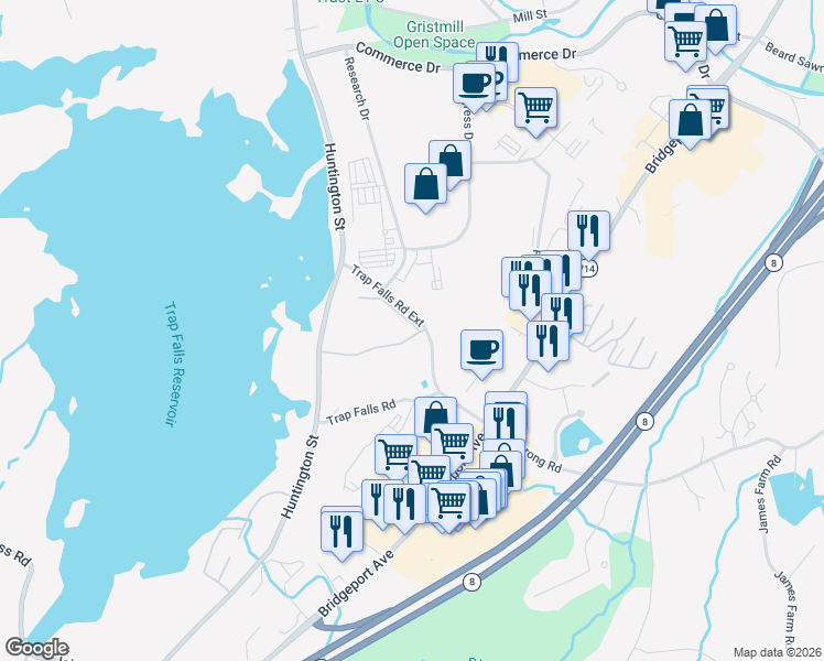 map of restaurants, bars, coffee shops, grocery stores, and more near 86 Heather Ridge in Shelton