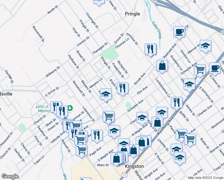 map of restaurants, bars, coffee shops, grocery stores, and more near 21 1/2 Penn Street in Kingston