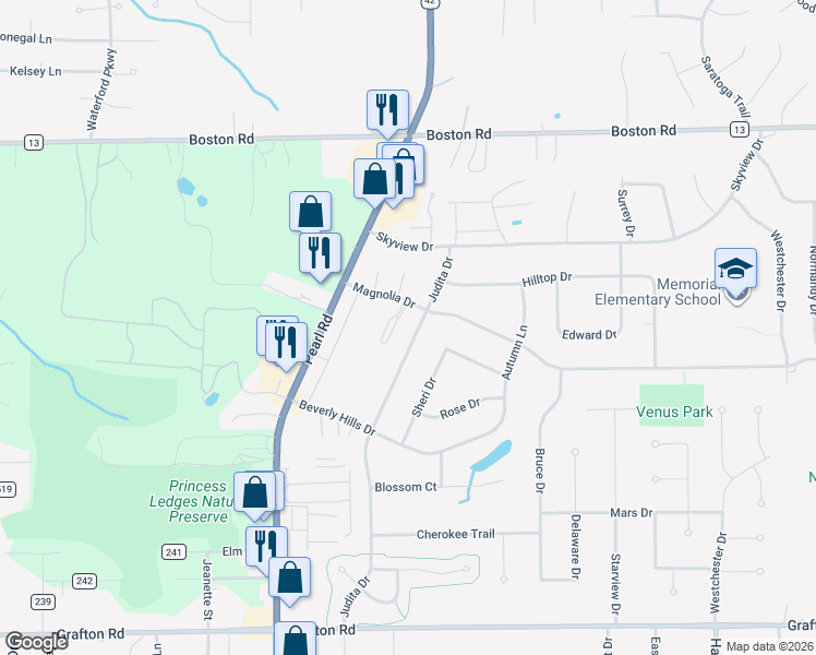 map of restaurants, bars, coffee shops, grocery stores, and more near 212 Judita Drive in Brunswick