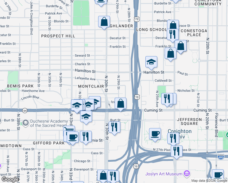 map of restaurants, bars, coffee shops, grocery stores, and more near 1020 North 29th Street in Omaha